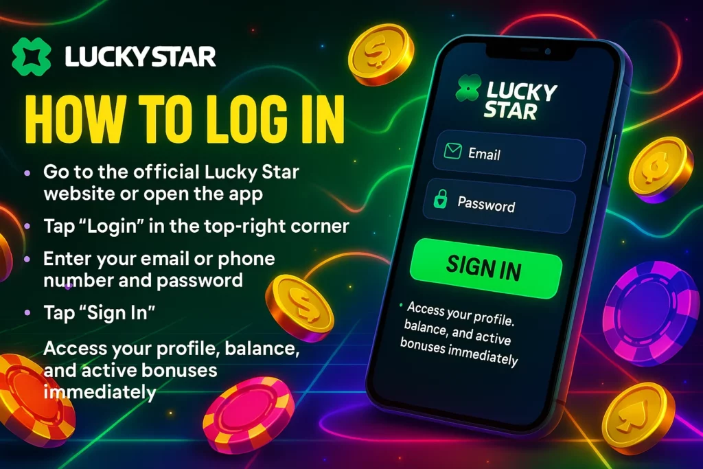 Lucky Star login screen on a smartphone with email and password fields and “Sign In” button highlighted