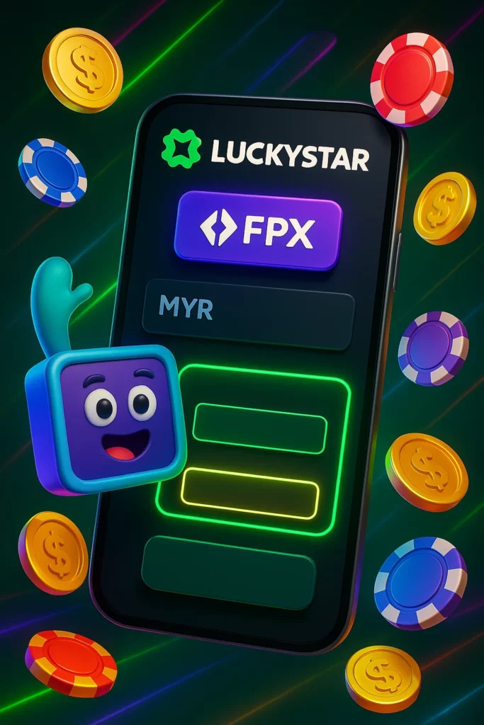 Lucky Star deposit screen with FPX, amount field in MYR, and active promo code input on mobile interface