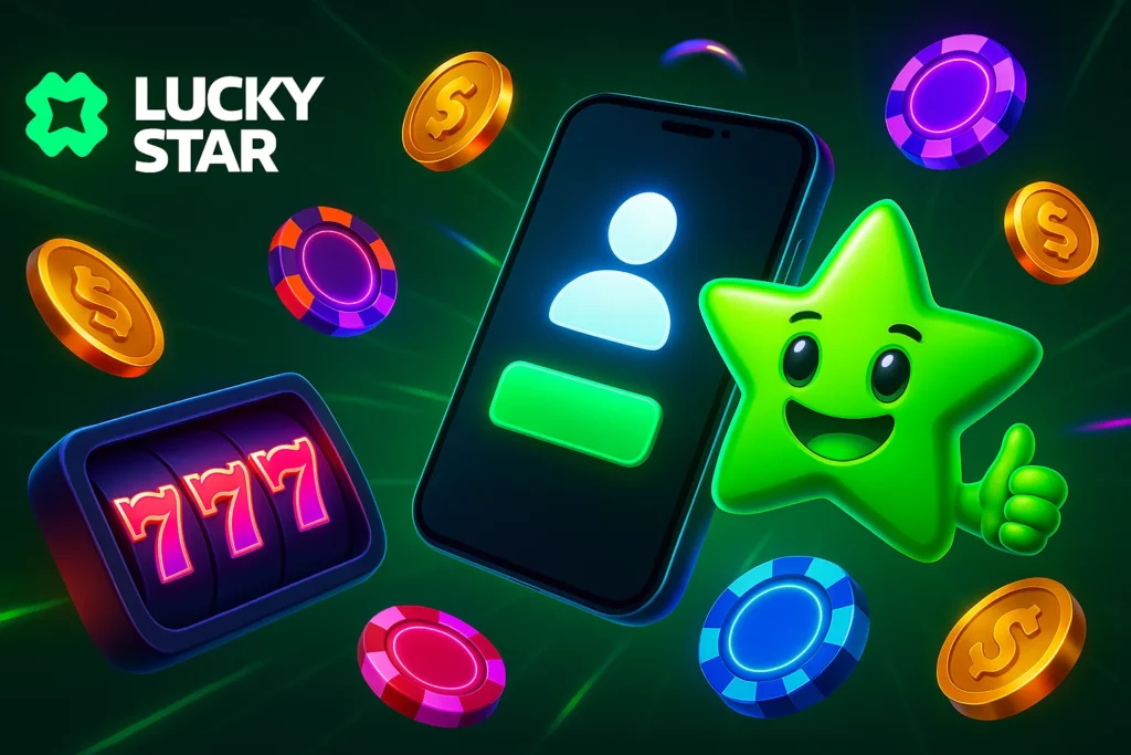 LuckyStar user account dashboard with verified badge, personal info blurred, and secure login notification