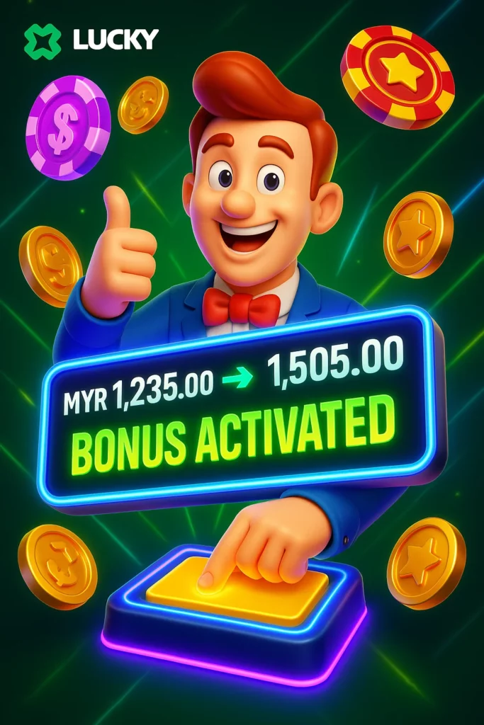 Step-by-step bonus activation screen on LuckyStar app showing MYR balance update and promo code confirmation