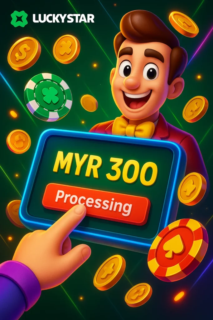 Lucky Star withdrawal request screen showing MYR 300 amount, FPX selected, and status: "Processing"