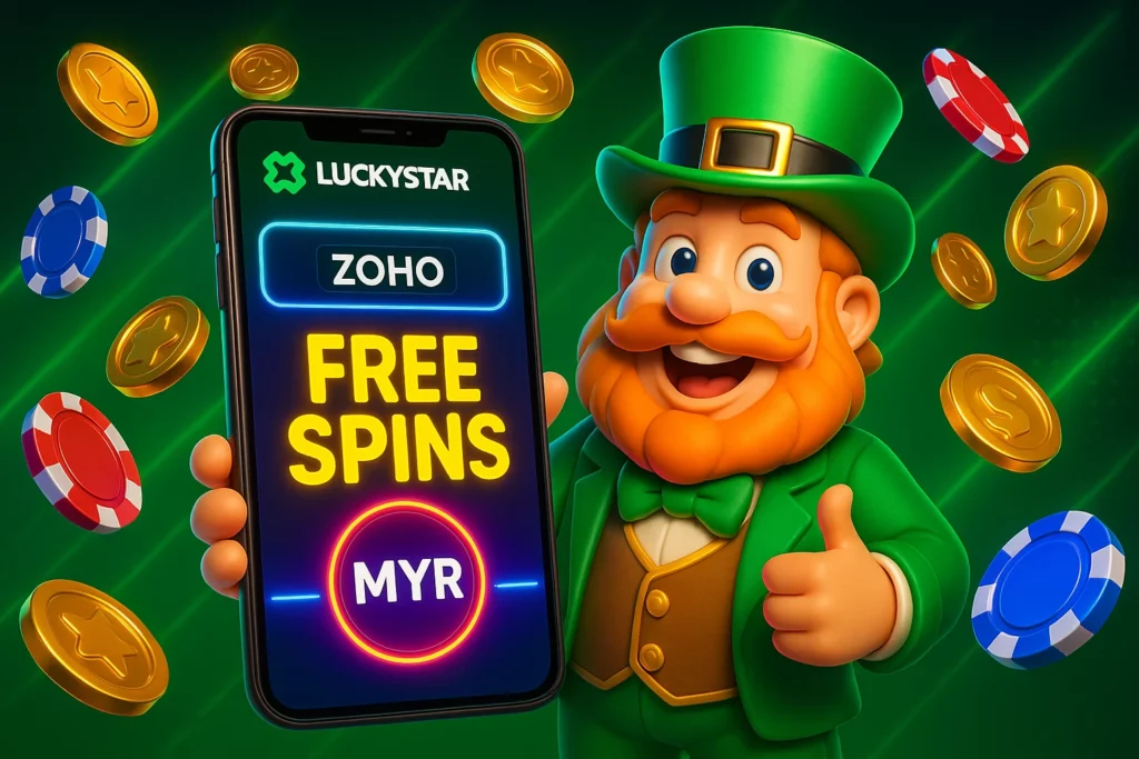 LuckyStar mobile app bonus center showing promo code ZOHO, free spins, and MYR balance on phone.