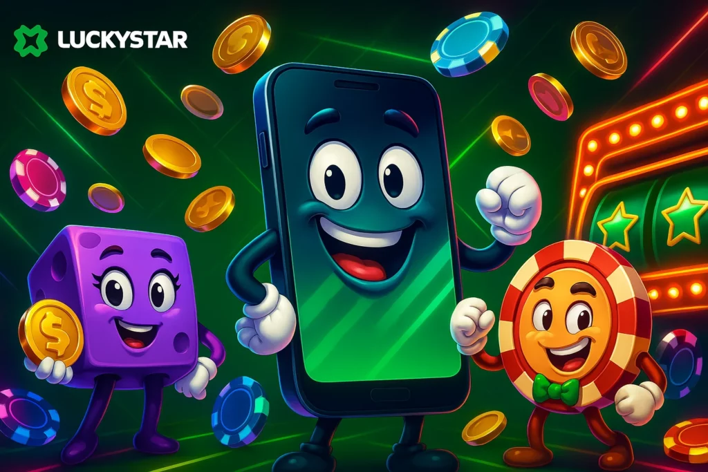 Smartphone screen showing Lucky Star app home screen with slots, Aviator, and live casino categories