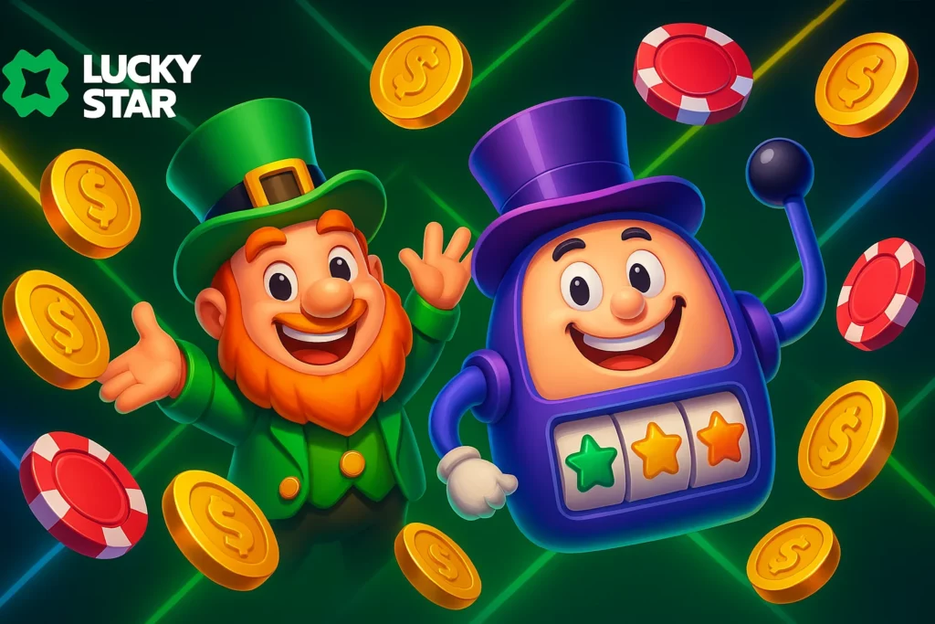 Lucky Star casino app screen showing main menu with slots, live games, betting, and wallet in MYR