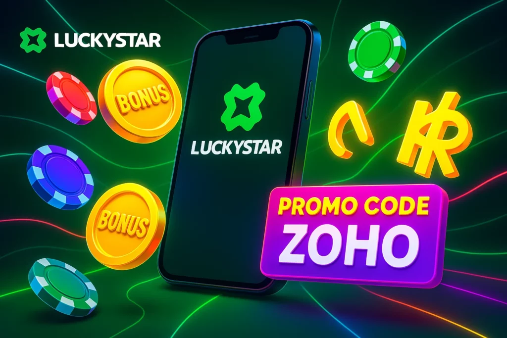 Lucky Star Malaysia casino welcome bonus offer with mobile phone, coins, and promo code ZOHO