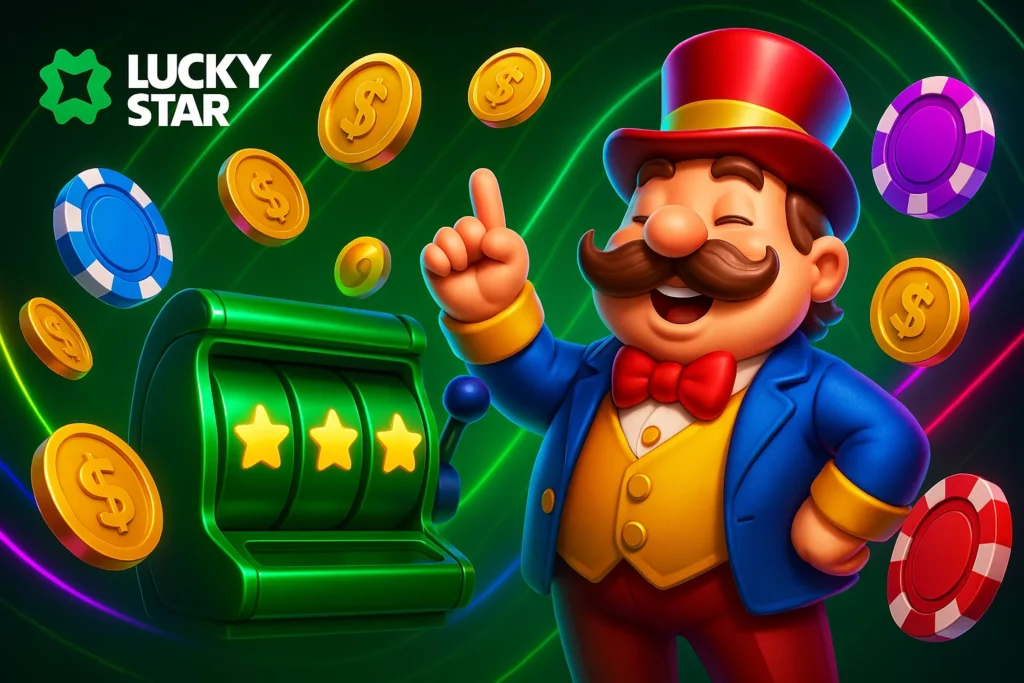 A smartphone displaying the Lucky Star Casino platform with slot games, bonus icons, and big win visuals, set alongside Malaysian symbols — representing the official online gaming experience for players in Malaysia.