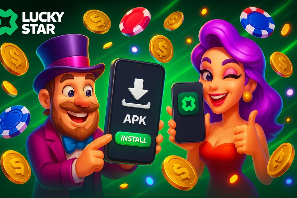 Lucky Star casino app screen showing main menu with slots, live games, betting, and wallet in MYR