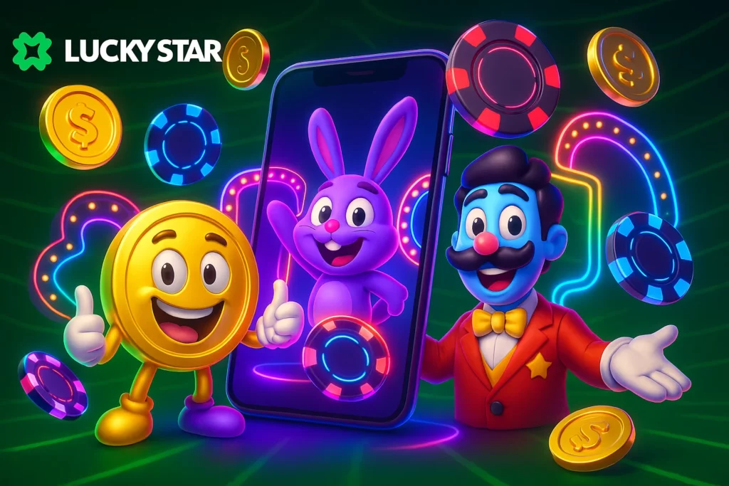 Lucky Star casino mobile app on Android and iOS, showing login screen and welcome bonus in MYR