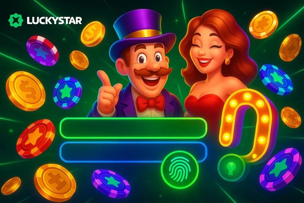 Lucky Star mobile app login screen with email and password fields, and biometric login button.