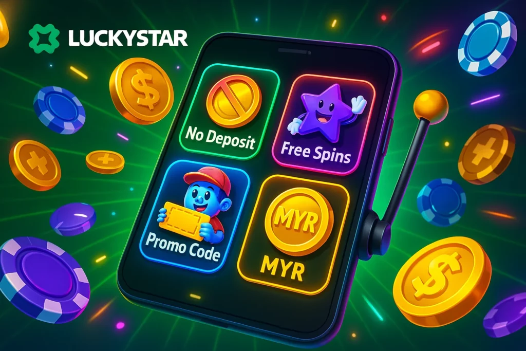 Lucky Star bonus menu on mobile with icons for no deposit, free spins, promo code entry, and MYR currency