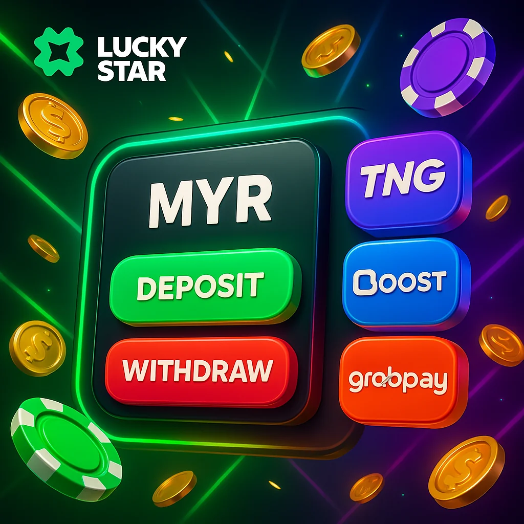 Lucky Star payment dashboard showing MYR balance, deposit and withdrawal buttons, and Malaysia e-wallet options