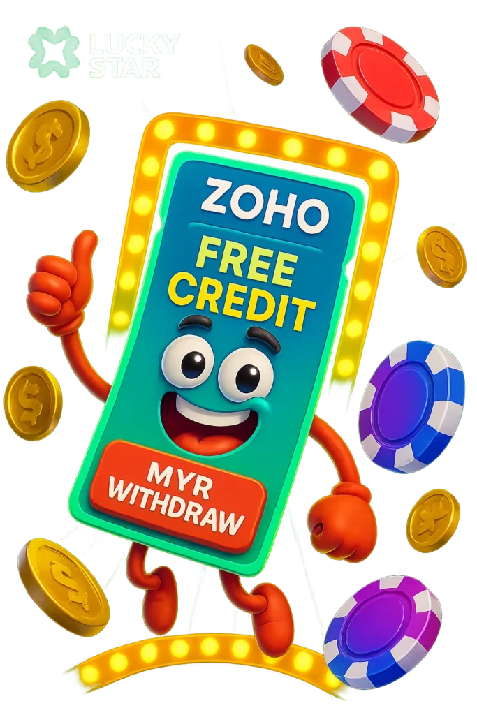 LuckyStar no deposit bonus screen on mobile showing active promo code ZOHO, free credit, and withdrawal button in MYR