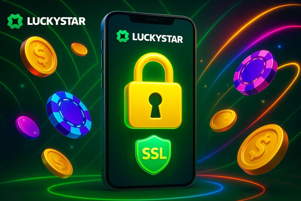Split screen showing LuckyStar app vs browser version with checkmarks highlighting mobile benefits