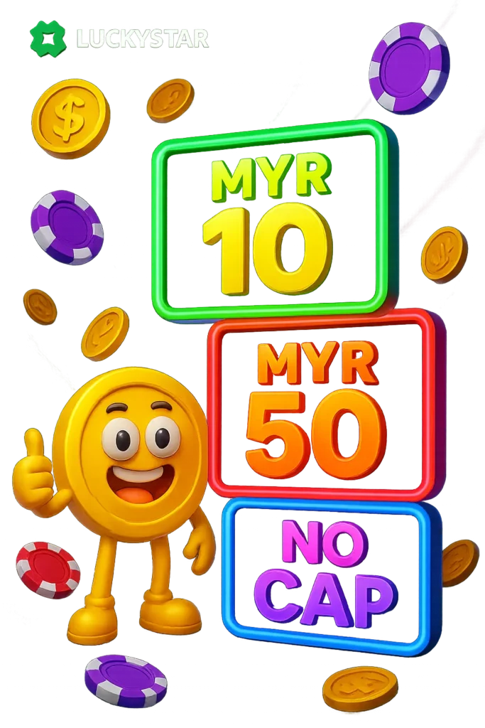 LuckyStar payment limits screen with MYR 10 deposit, MYR 50 withdrawal, and no deposit bonus cap highlighted