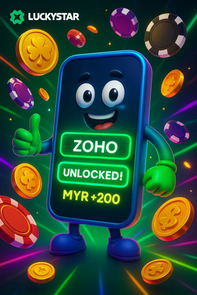 Lucky Star promo code entry field on mobile showing ZOHO entered, bonus unlocked, and MYR amount credited